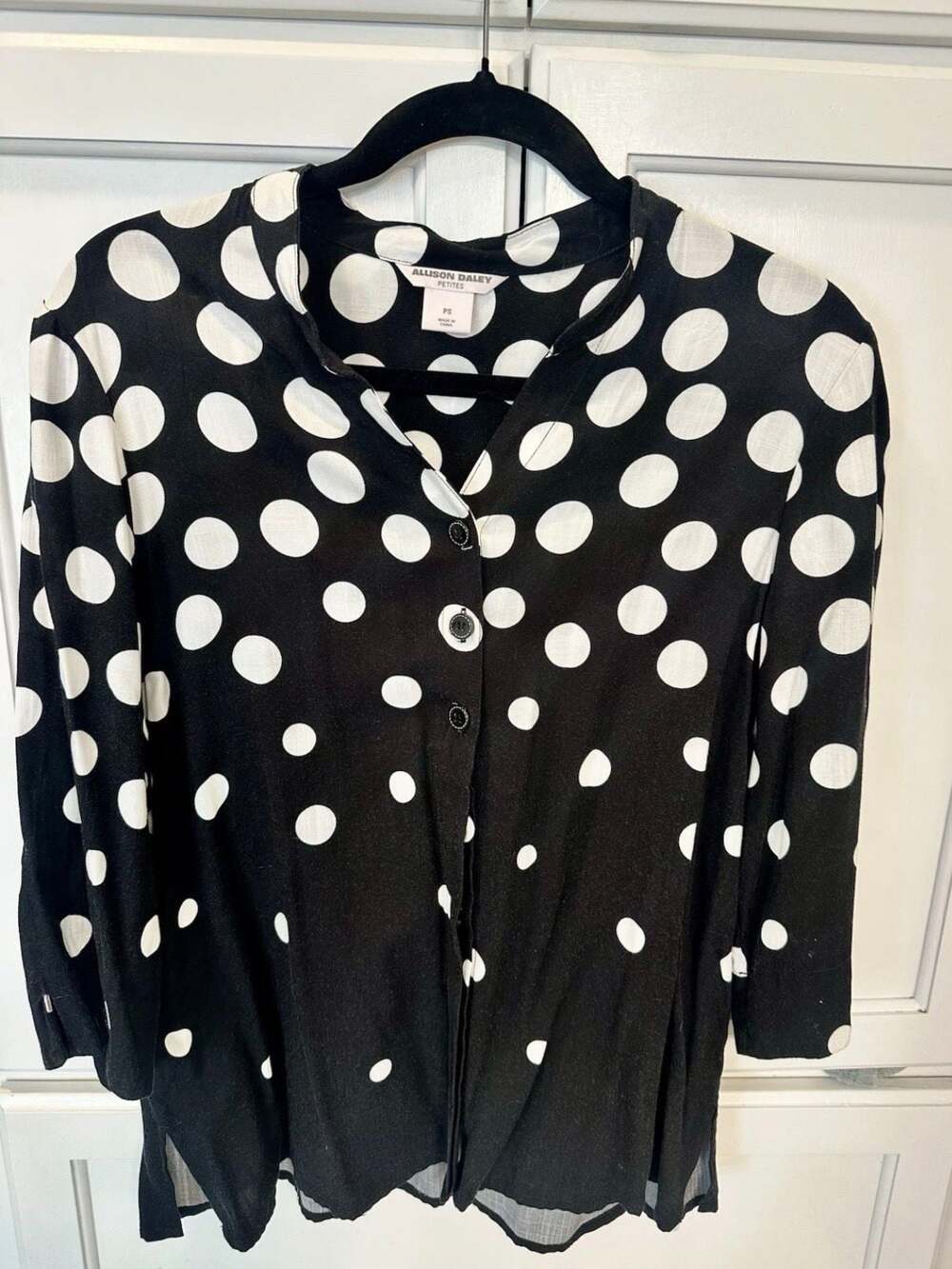 Allison Daley Petites PS Black White PolkaDot Blouse Button Front Career Office